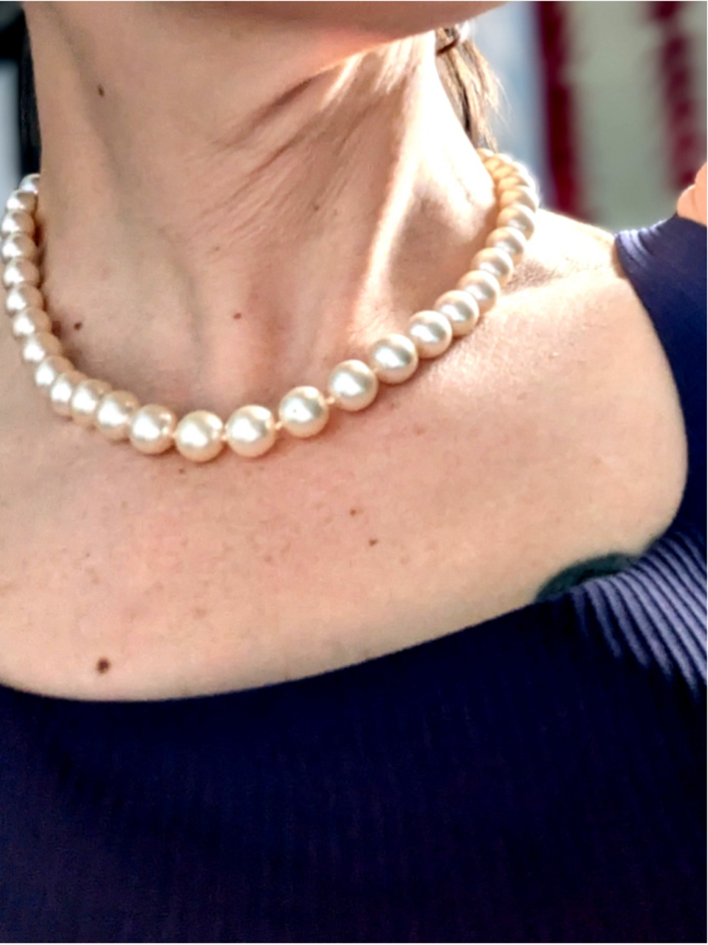 Vintage Hand-Knotted Faux Pearl Necklace with Gold Tone Pave Rhinestone Magnetic